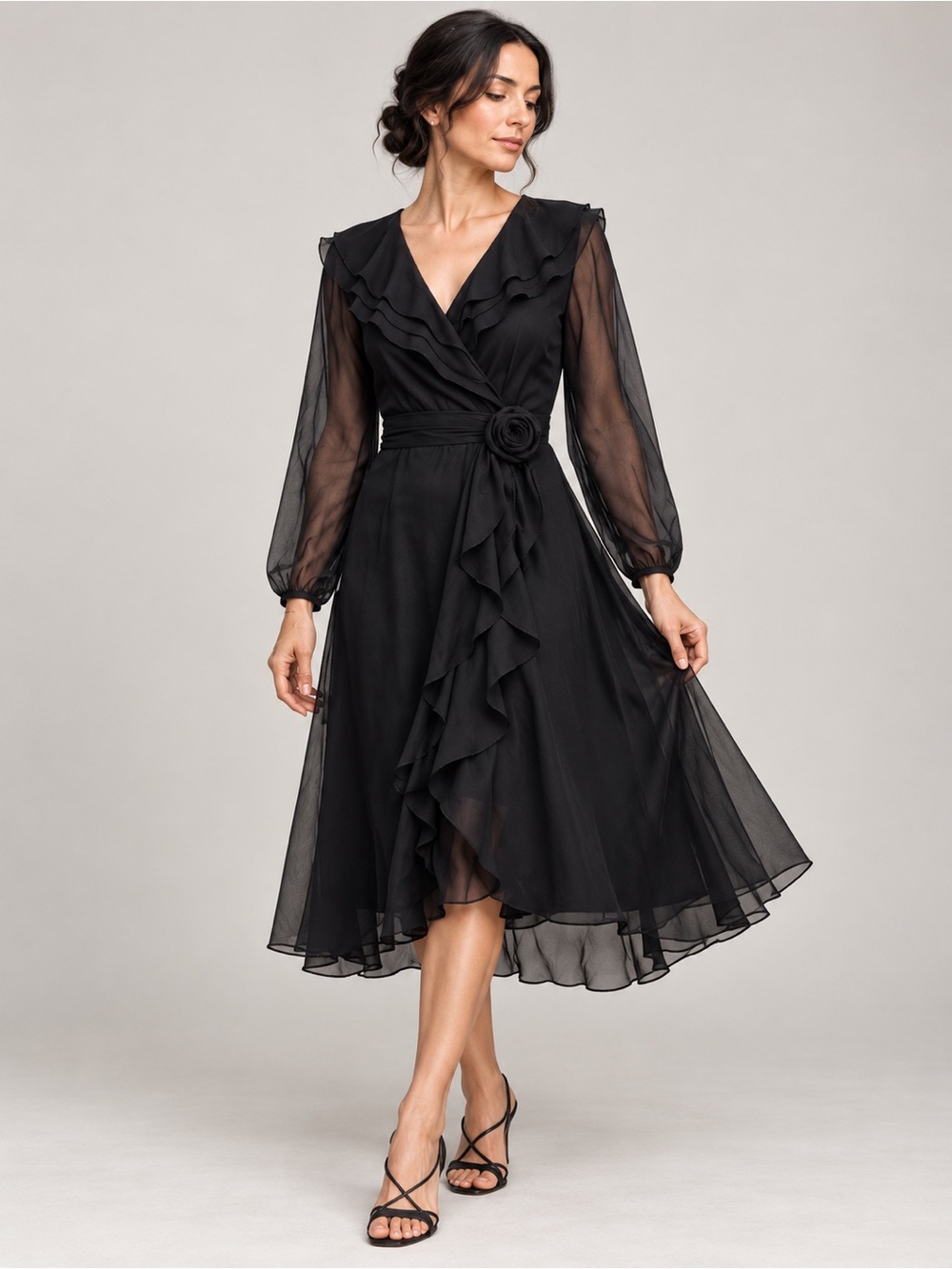 Vintage 70s Black Chiffon Ruffle Rosette Midi Dress Sheer Sleeves S 4 6